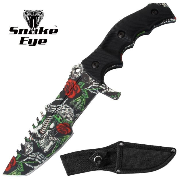 Snake Eye Tactical 8.5″ Green/Grey Skull & Rose Huntsman Fixed Blade Knife