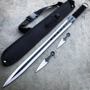 Tactical Master 27" Silver/Blk Ninja Machete Sword with 2 Throwing Knives