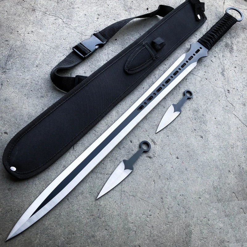 Tactical Master 27" Silver/Blk Ninja Machete Sword with 2 Throwing Knives