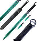 Tactical Master 27" Green/Blk Ninja Machete Sword with 2 Throwing Knives