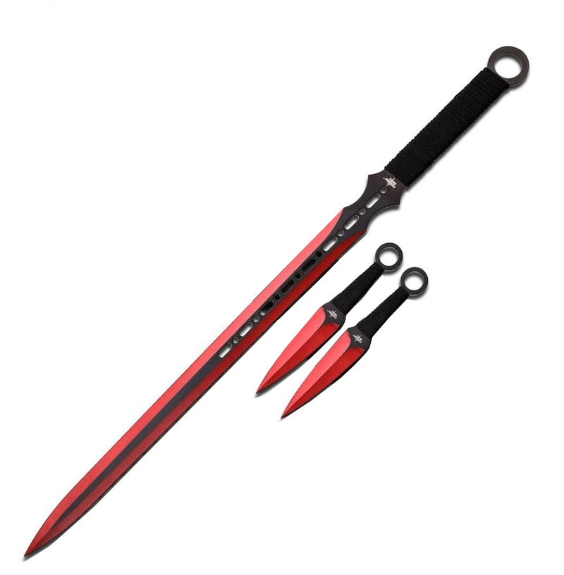 Tactical Master 27" Red/Blk Ninja Machete Sword with 2 Throwing Knives