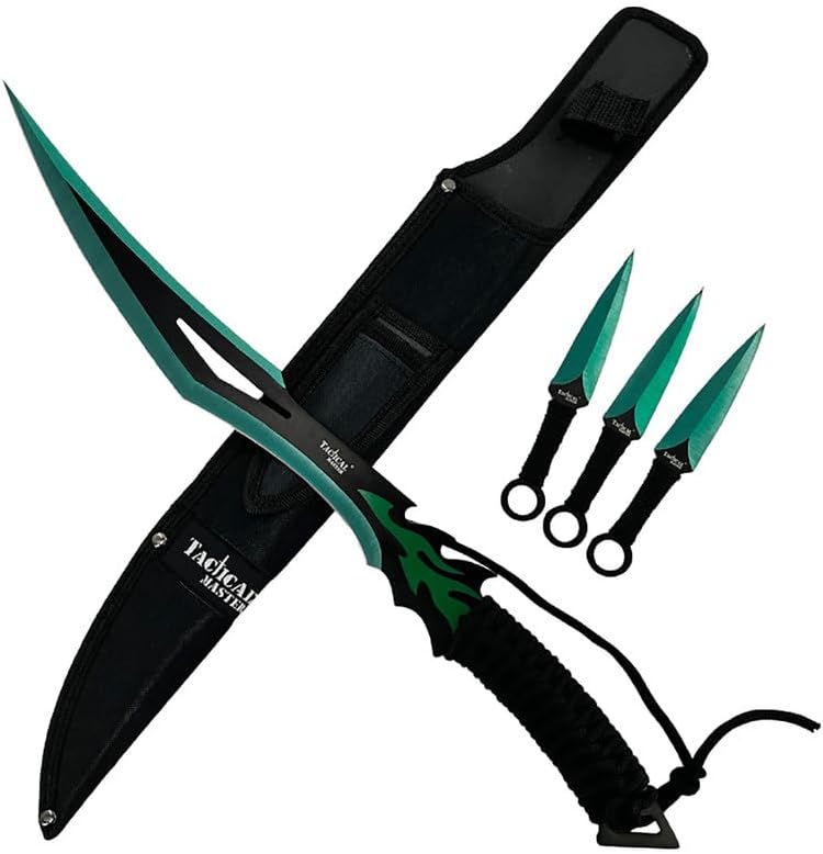 Tactical Master 20" Green Flame Machete & Throwing Knife Set