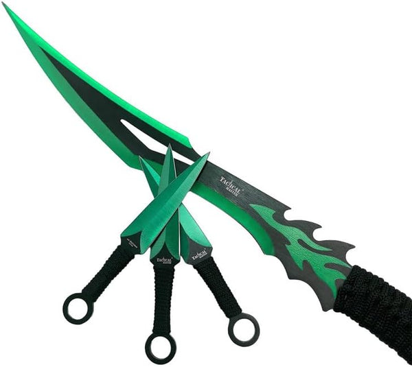 Tactical Master 20" Green Flame Machete & Throwing Knife Set