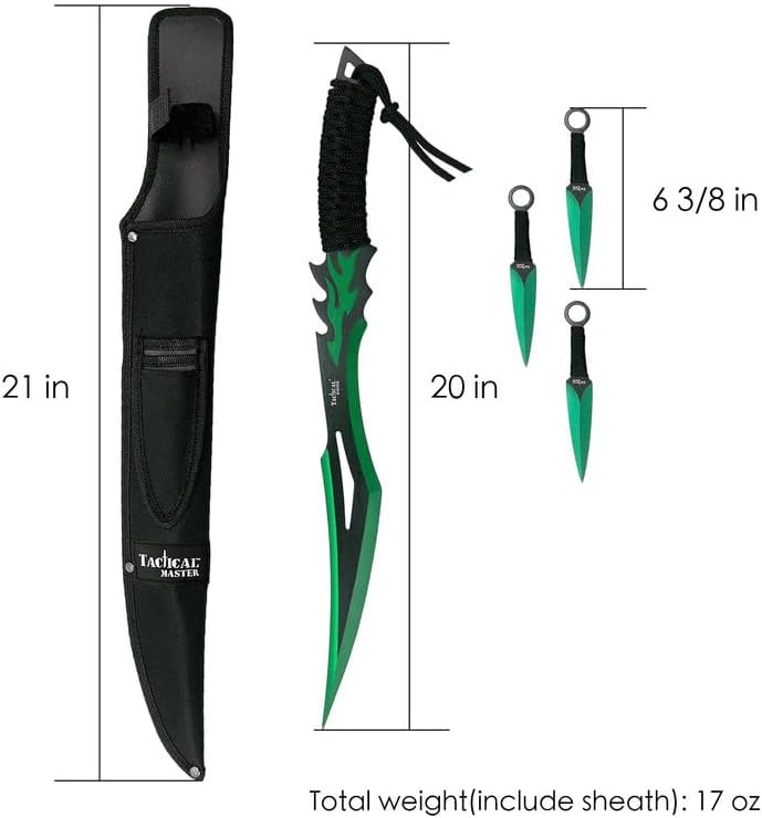 Tactical Master 20" Green Flame Machete & Throwing Knife Set