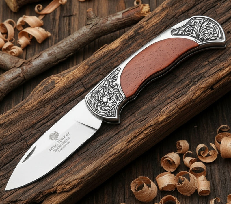 Wild Turkey Handmade 7.5" Wood Inlay Silver Bolster Folding Knife
