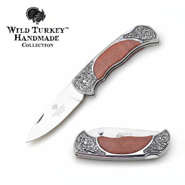 Wild Turkey Handmade 7.5" Wood Inlay Silver Bolster Folding Knife