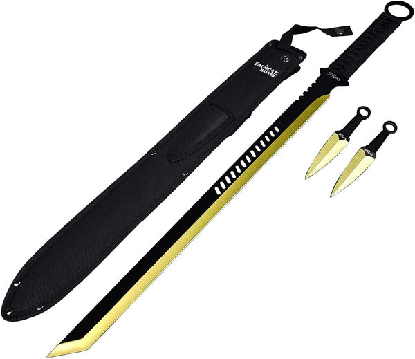 Tactical Master 27" Gold/Blk Tanto Machete Sword with 2 Throwing Knives