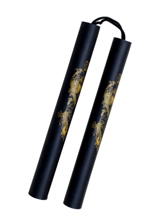 Nunchaku 12" Black Foam Rope with Gold Dragon